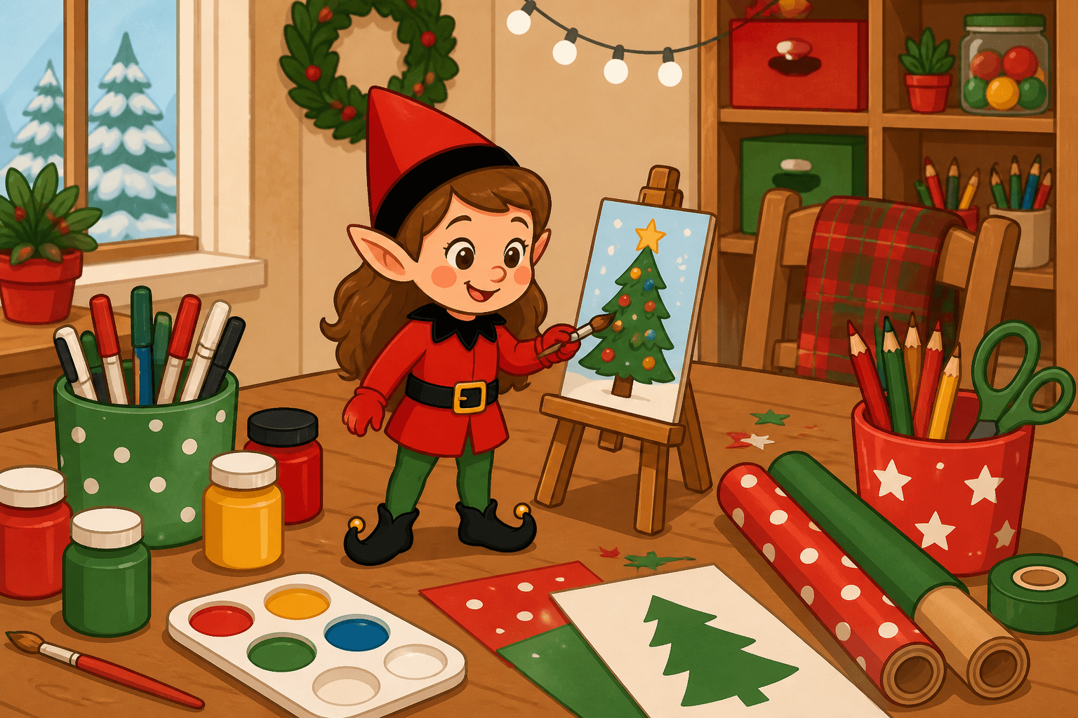 A cartoon holiday elf scene for Art Attack: Masterpiece Maker.
