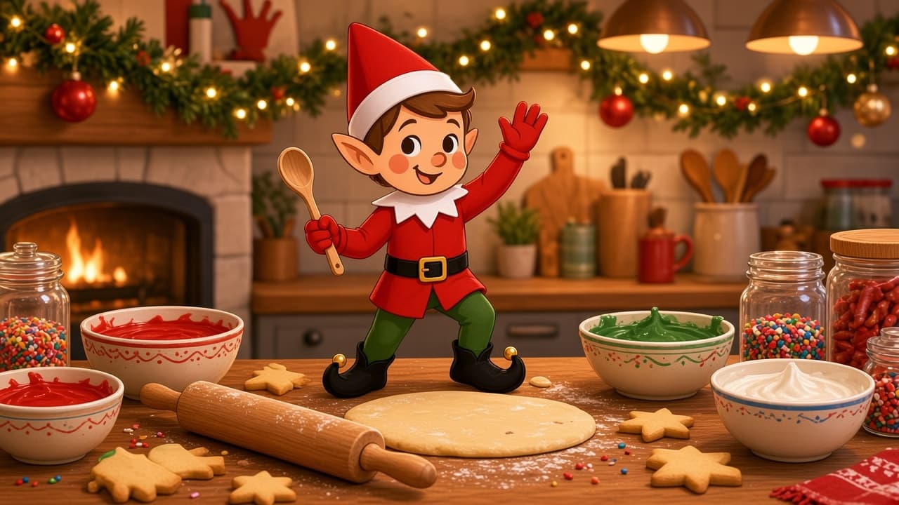 A cartoon holiday elf scene for Baking Bonanza: Cookie Factory.