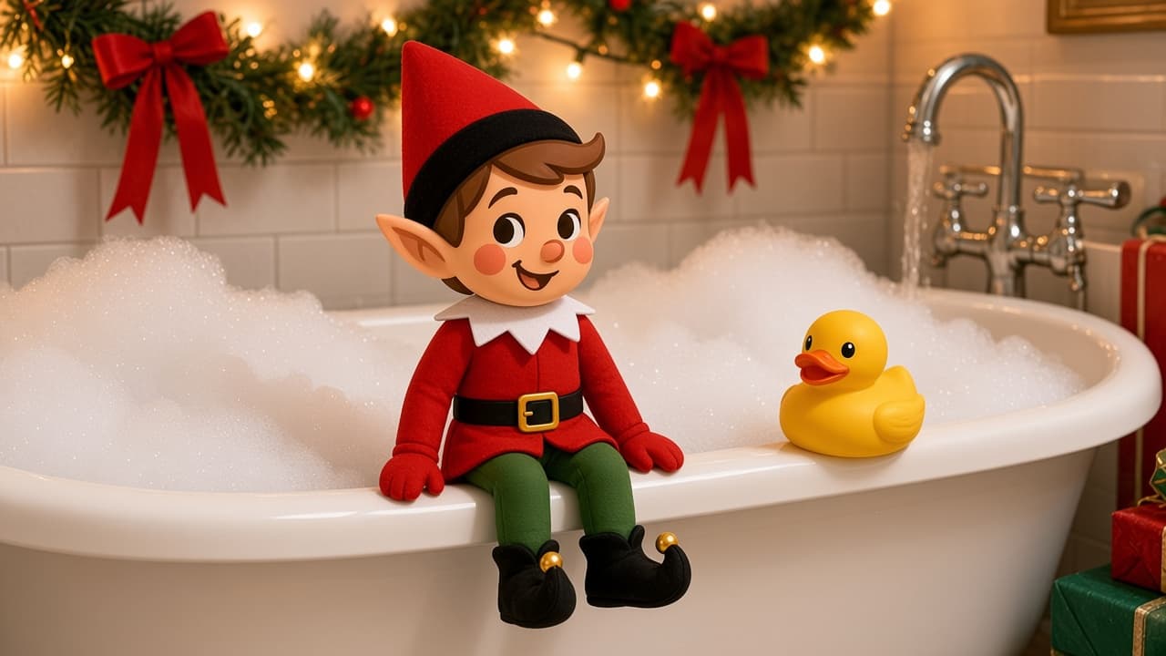 A cartoon holiday elf scene for Bath Time Bubbles: Tub Trouble.