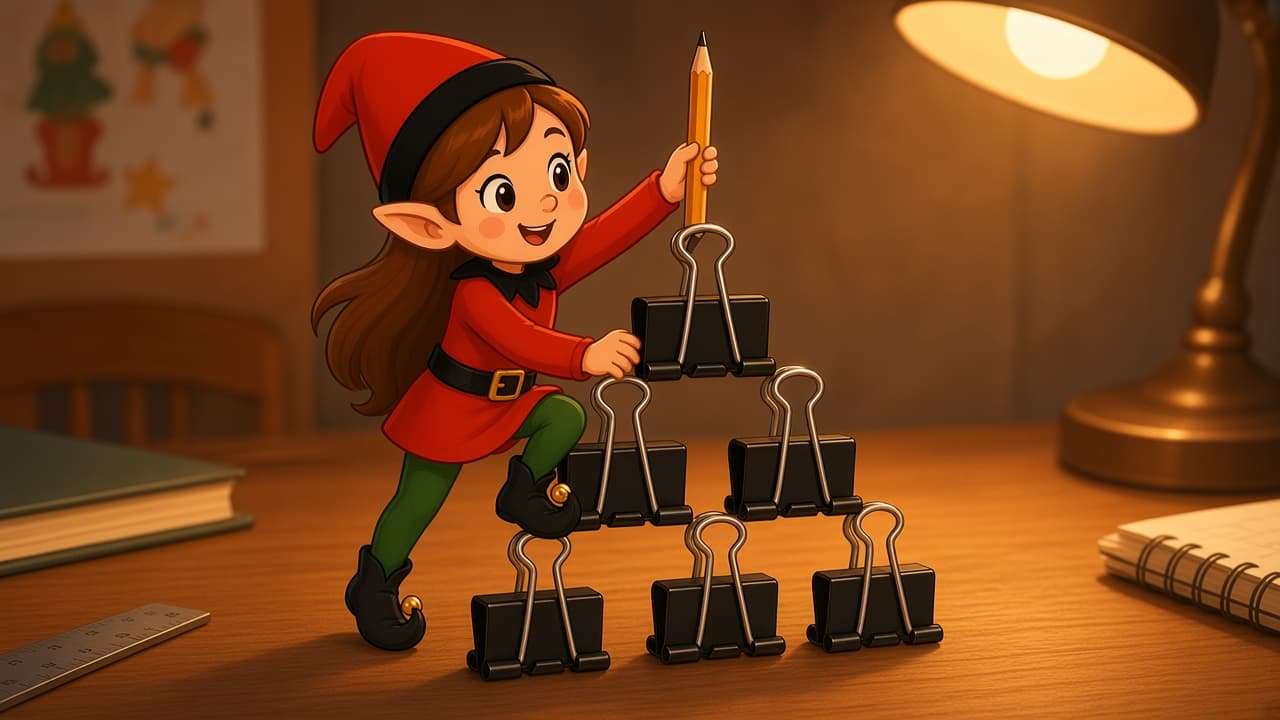 A cartoon holiday elf scene for Binder Clip Peak: Desk Mountain.