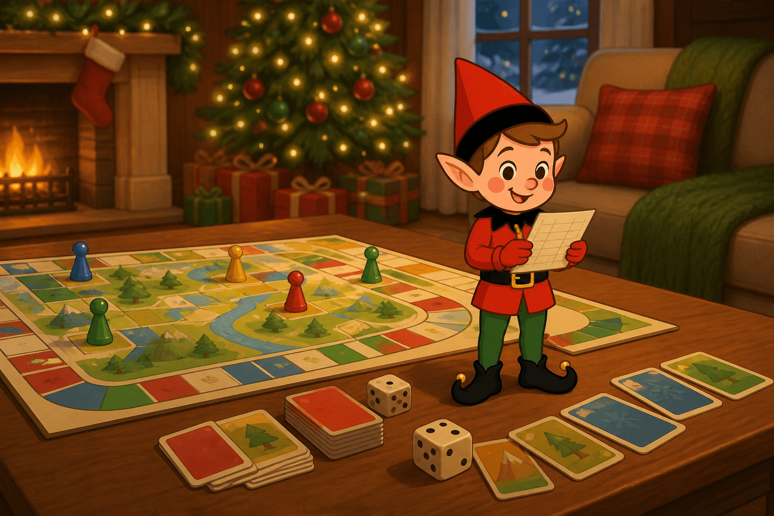 A cartoon holiday elf scene for Board Game Referee: Family Game Night.