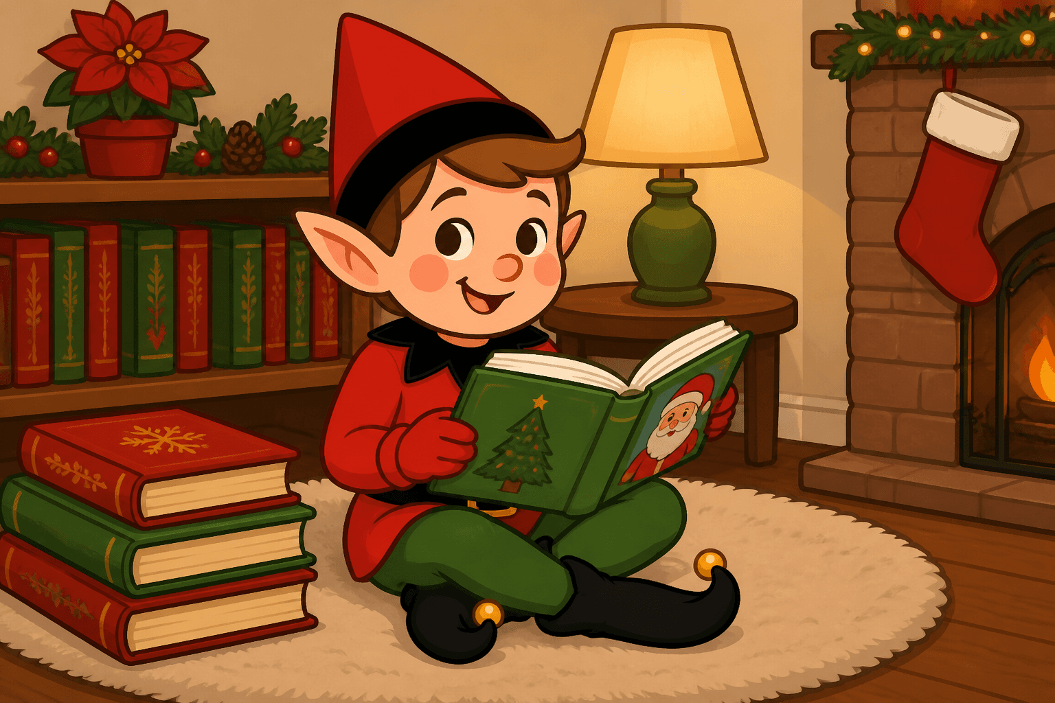 A cartoon holiday elf scene for Bookworm Buddy: Library Lover.