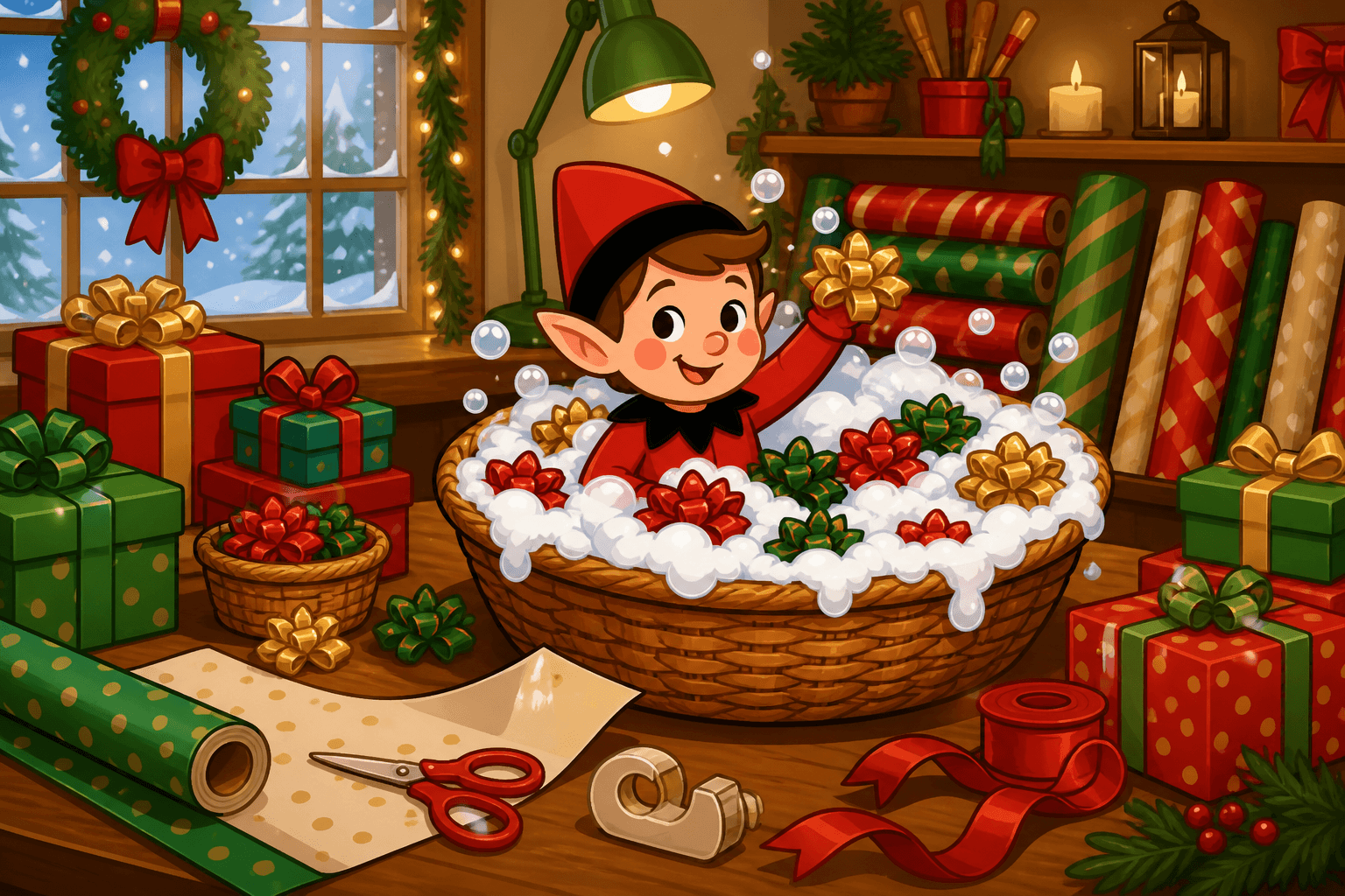A cartoon holiday elf scene for Bow Basket Bath: Gift Wrap Soak.