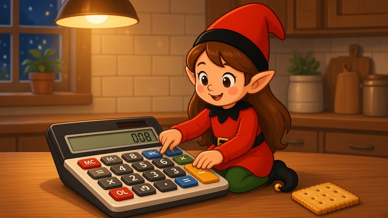 A cartoon holiday elf scene for Calculator Checkout: Snack Cashier.