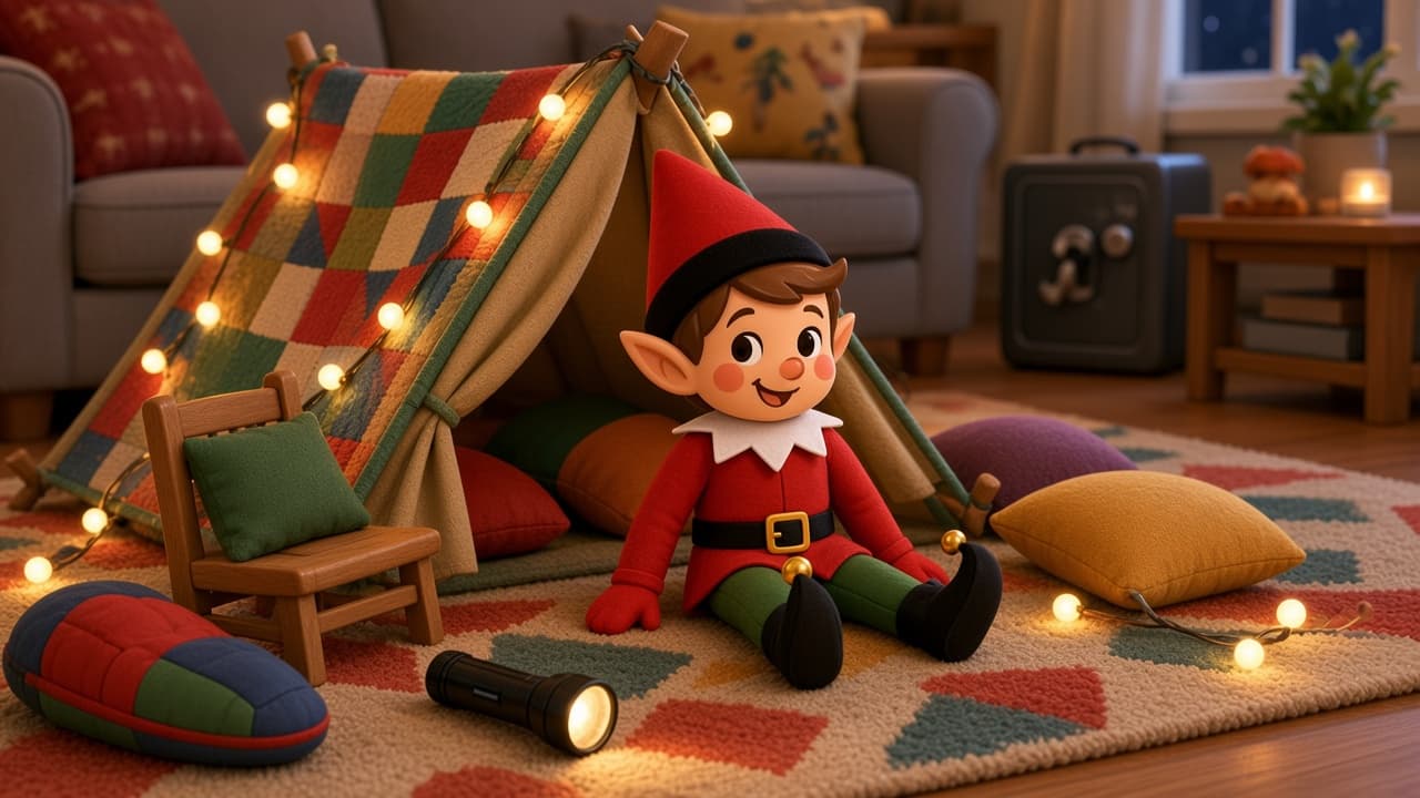 A cartoon holiday elf scene for Camping Chaos: Indoor Adventure.
