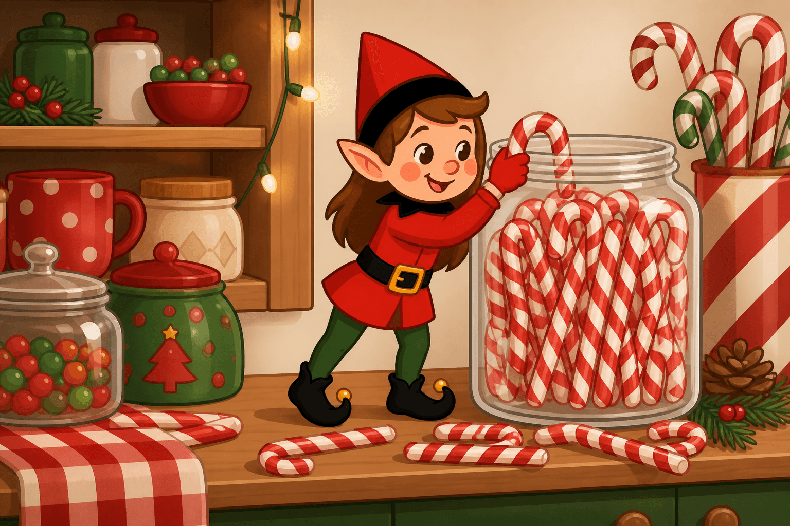 A cartoon holiday elf scene for Candy Cane Caper: The Sweet Heist.