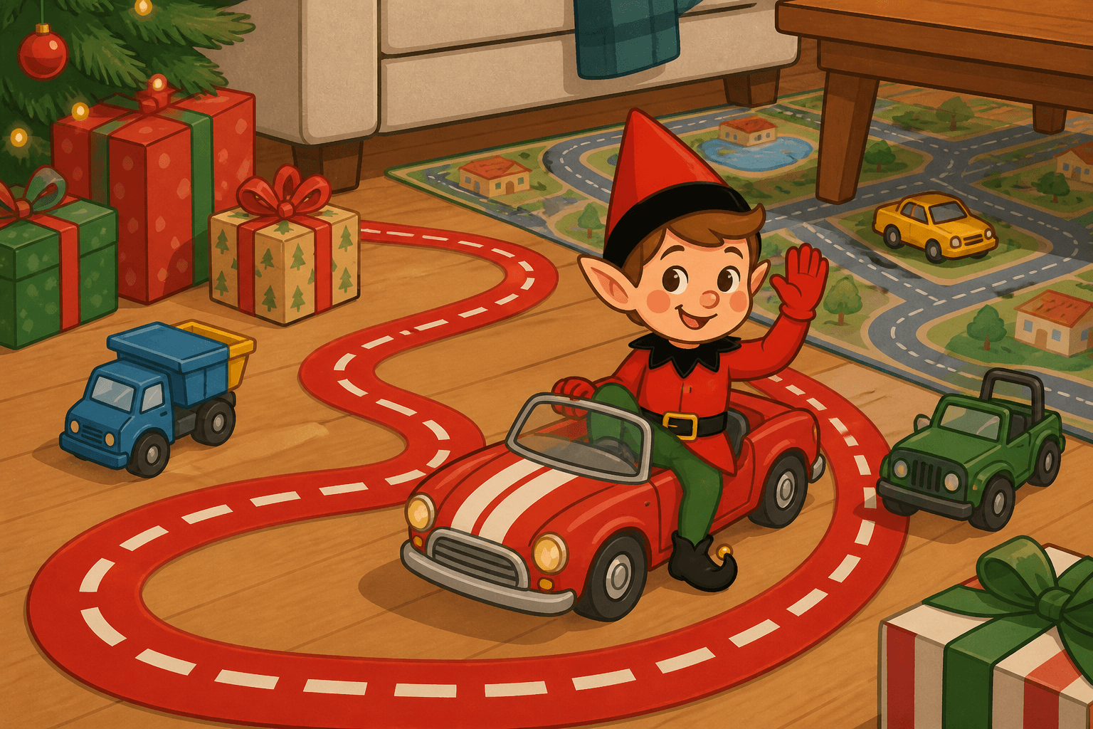 A cartoon holiday elf scene for Car Cruise: Road Trip Ready.