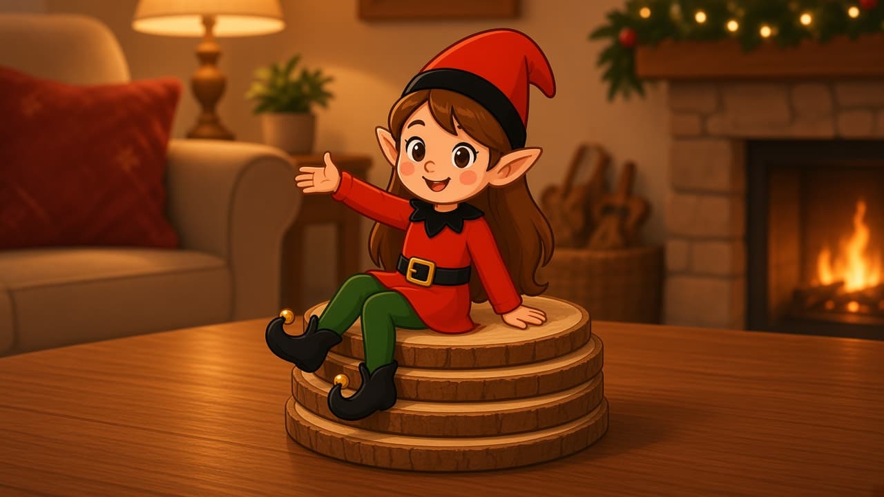 A cartoon holiday elf scene for Coaster Carousel: Coffee Table Ride.