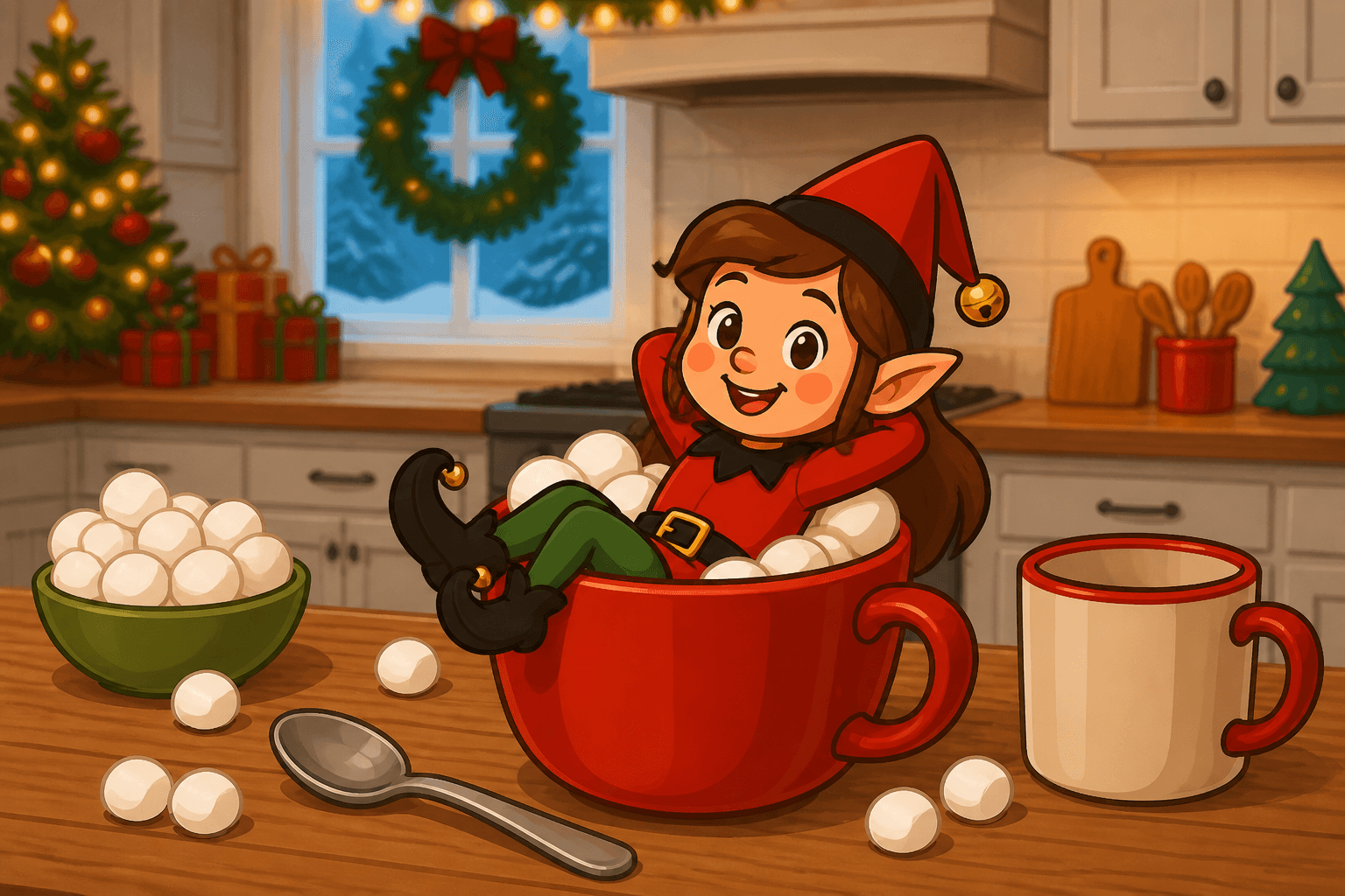 A cartoon holiday elf scene for Cocoa Mug Hot Tub: Marshmallow Soak.