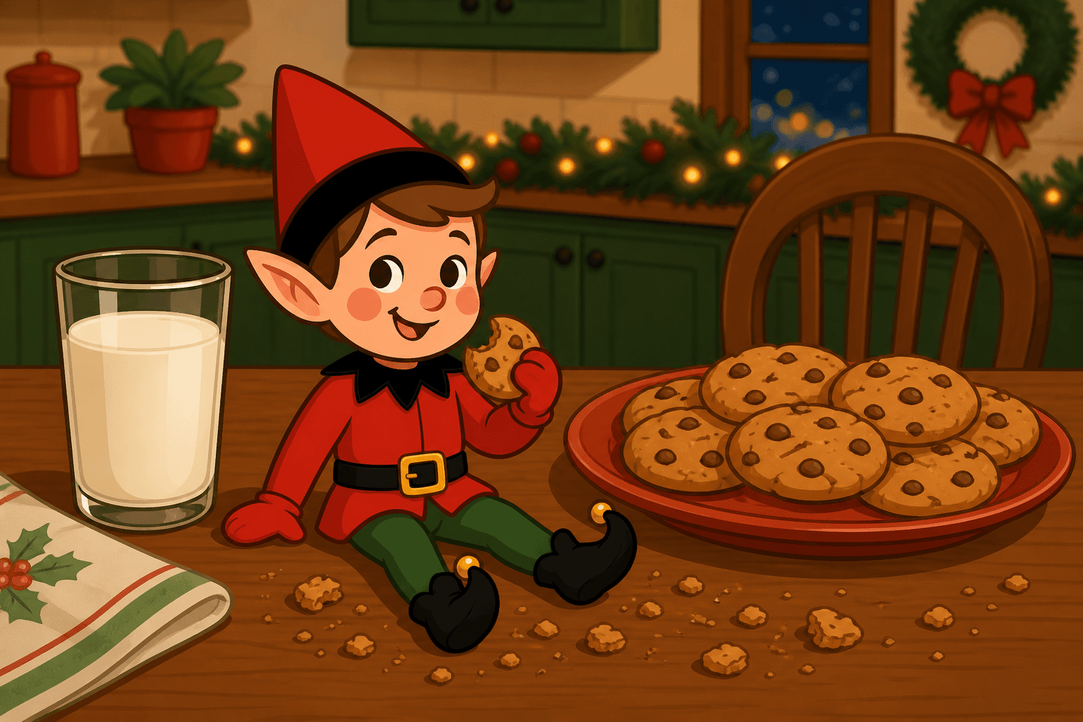 A cartoon holiday elf scene for Cookie Crumb Chaos: Santa Snack Scene.