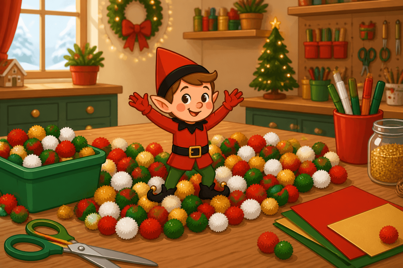A cartoon holiday elf scene for Pom-Pom Pit: Soft Craft Table Splash.