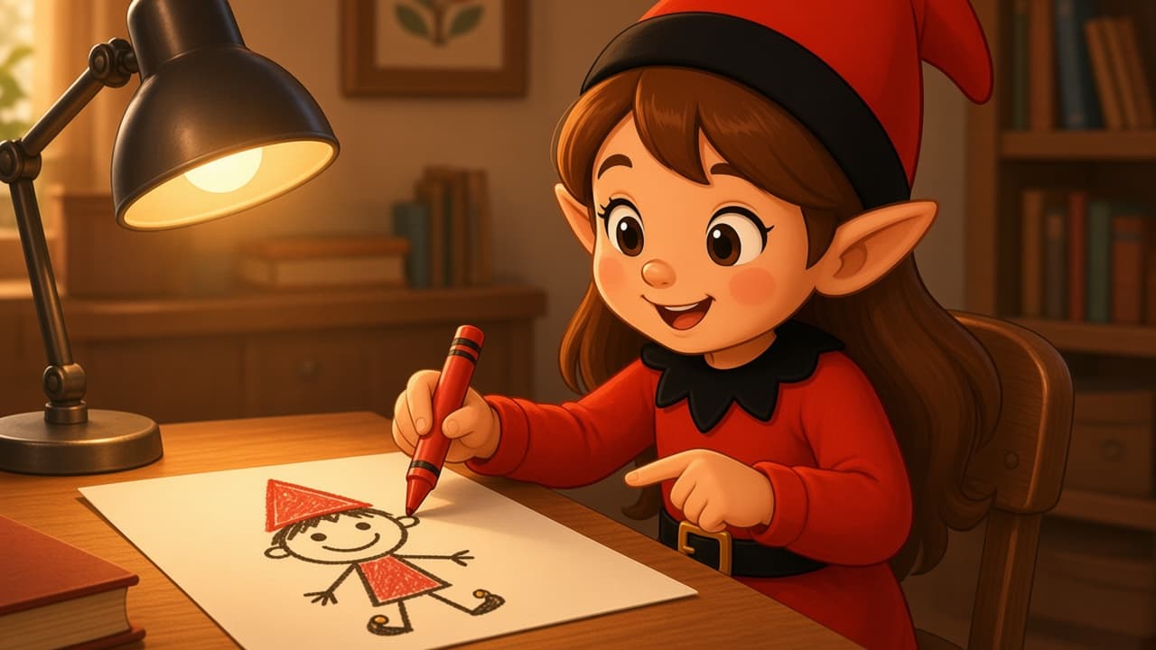 A cartoon holiday elf scene for Crayon Portrait Studio: Desk Artist.