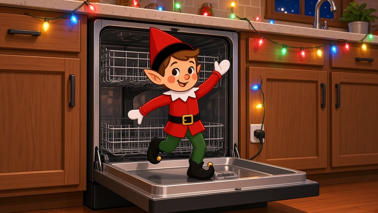A cartoon holiday elf scene for Dishwasher Disco: Rack Dancer.