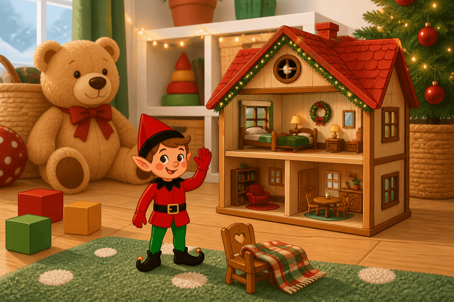 A cartoon holiday elf scene for Dollhouse Guest: Tiny Holiday Visitor.