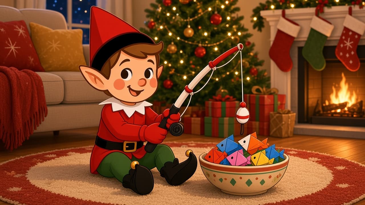 A cartoon holiday elf scene for Fishing Fun: Indoor Angler.