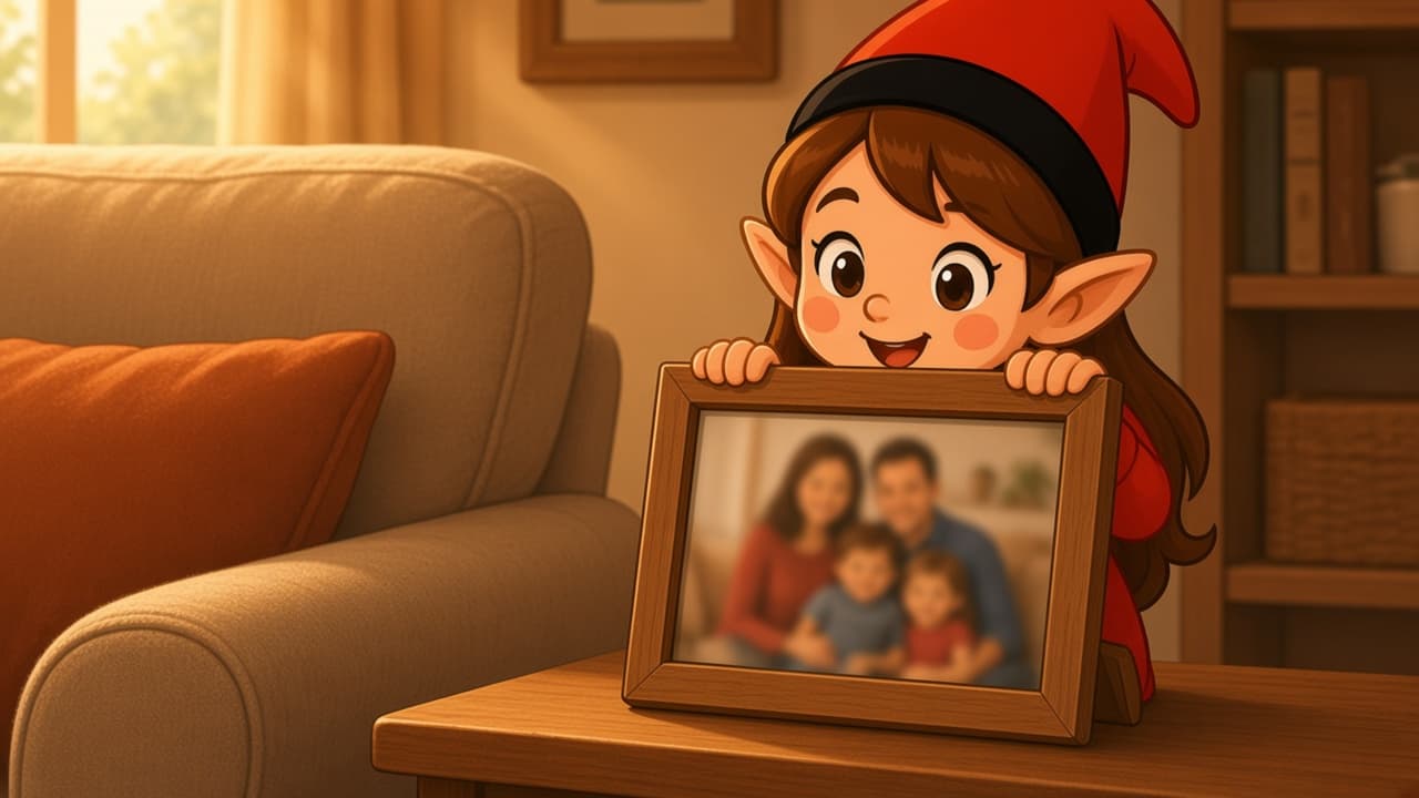 A cartoon holiday elf scene for Frame Photobomb: Shelf Surprise.