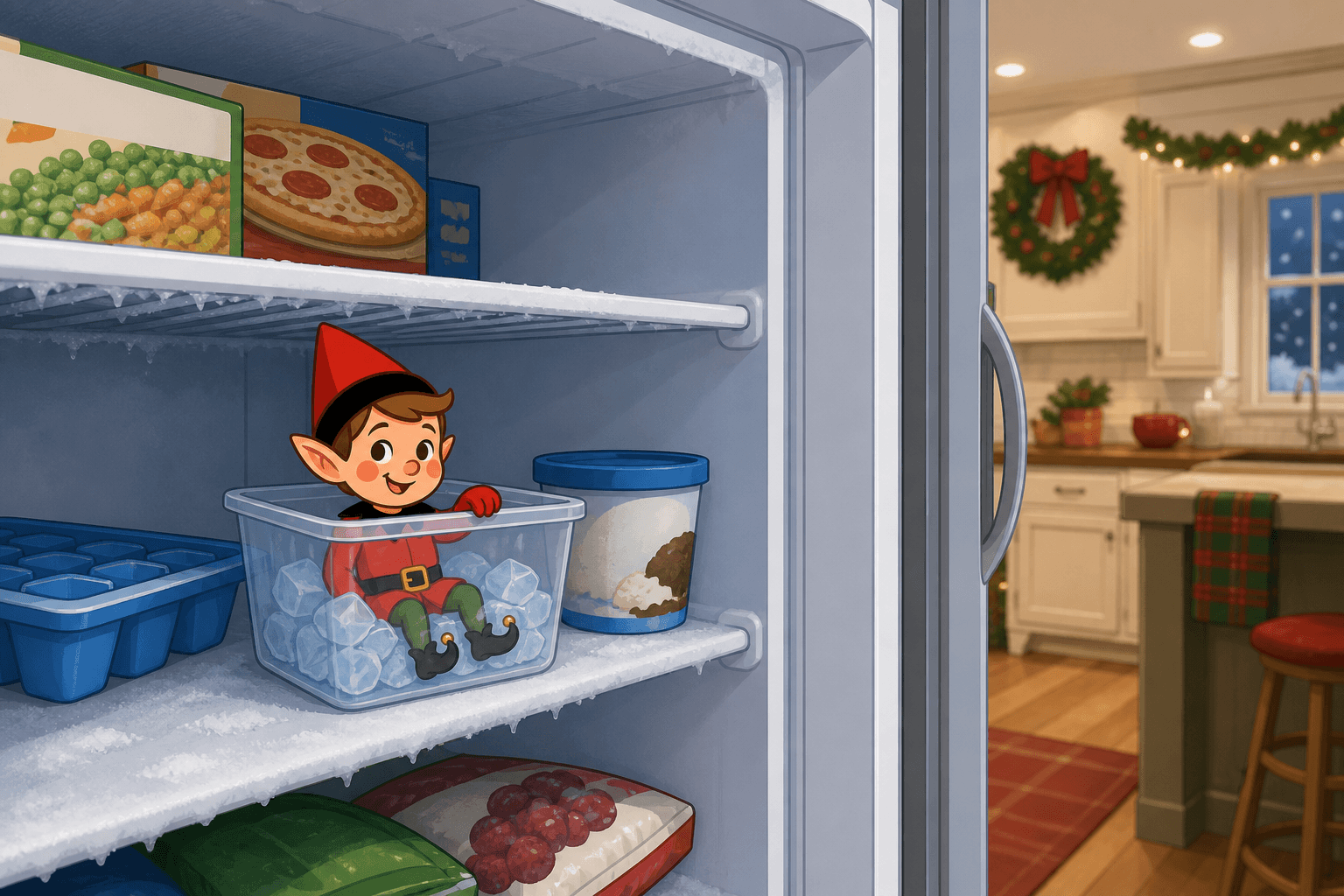 A cartoon holiday elf scene for Frozen Fun: The Ice Cube Escape.