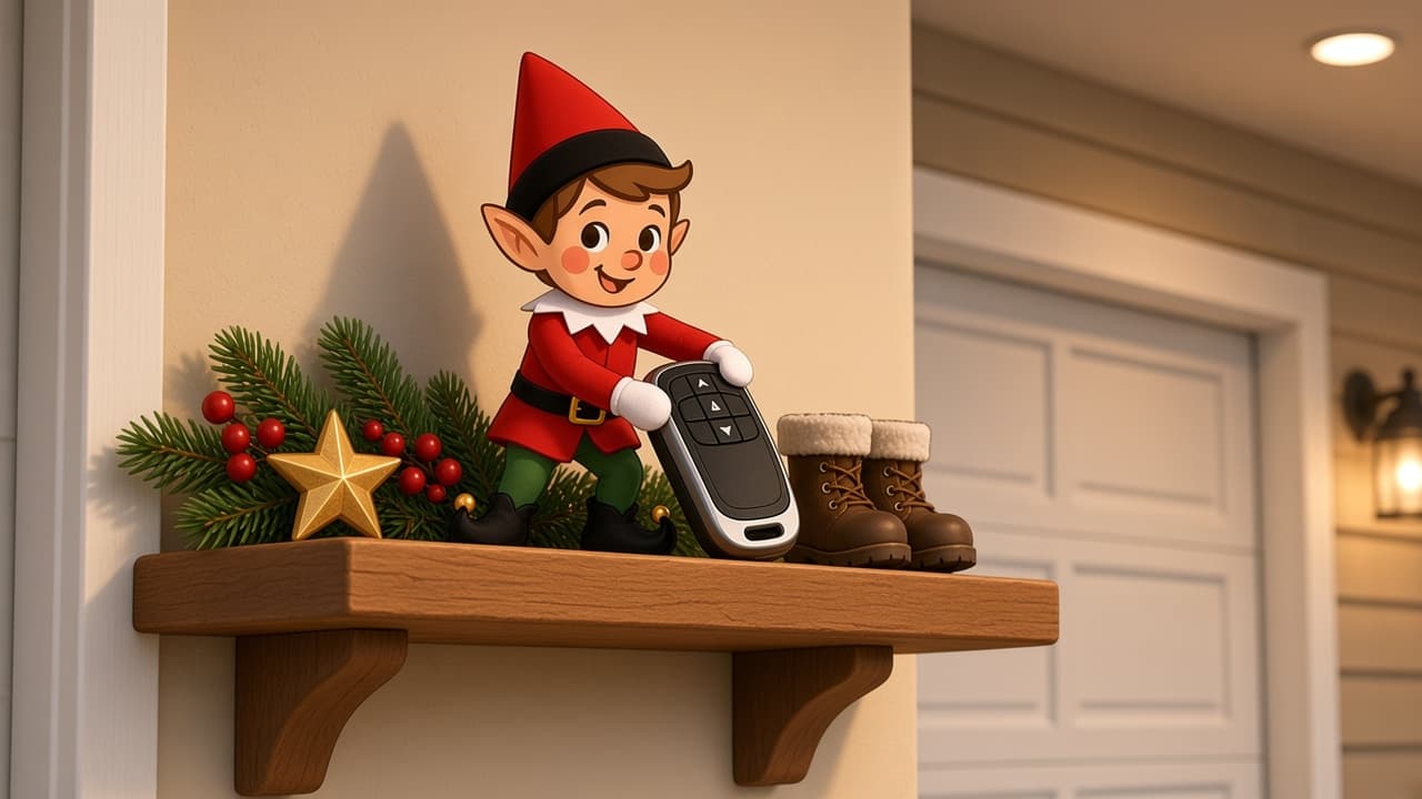 A cartoon holiday elf scene for Garage Clicker Guard: Fake-Remote Night Watch.
