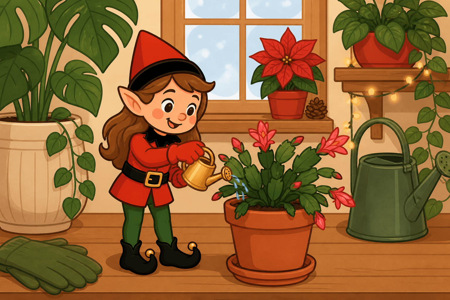 A cartoon holiday elf scene for Garden Guru: Plant Parent Pro.