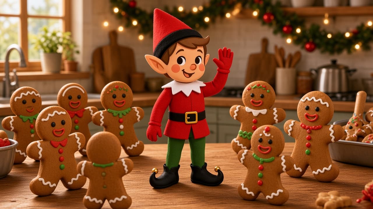 A cartoon holiday elf scene for Gingerbread Gang: Cookie Capers.