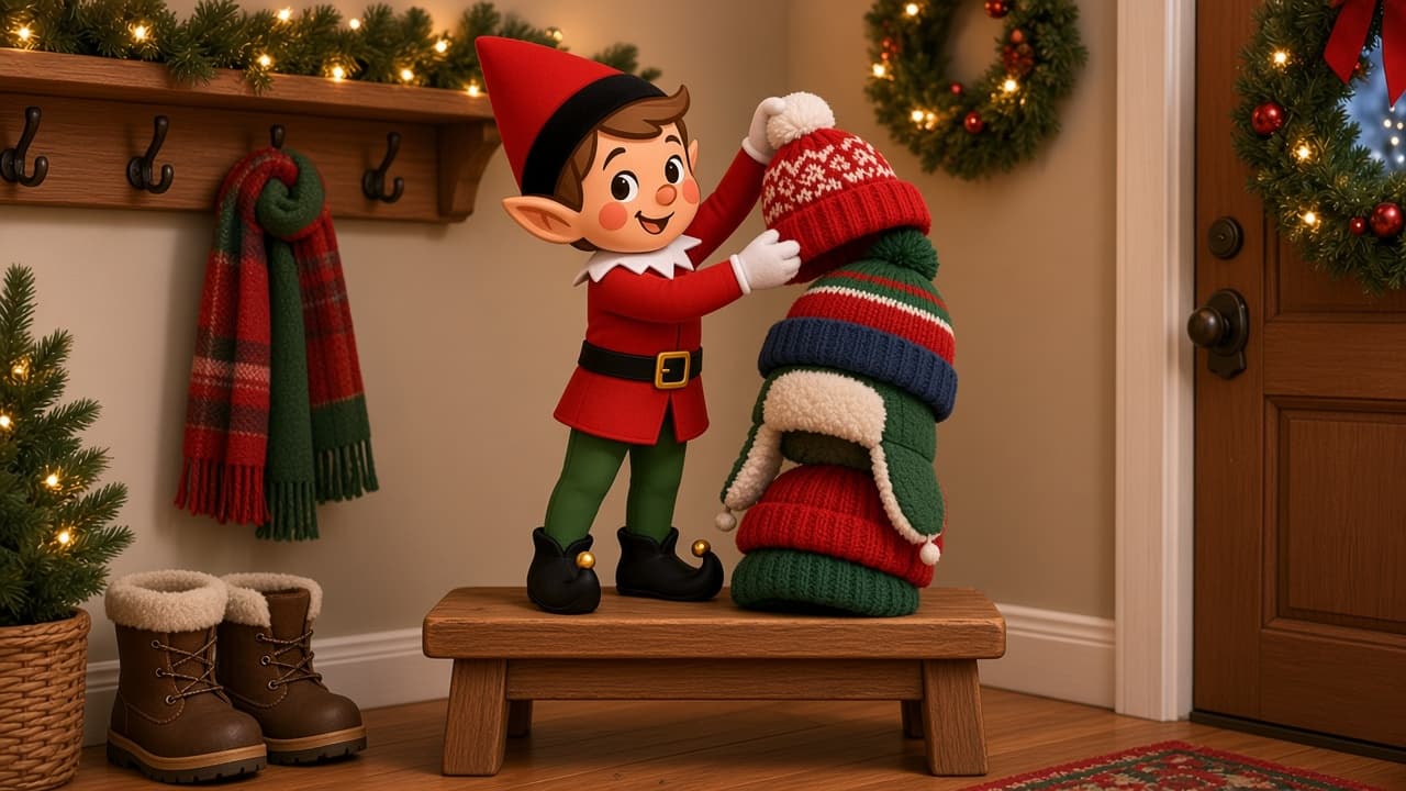 A cartoon holiday elf scene for Hat Stand Stack: Tiny Cap Tower.