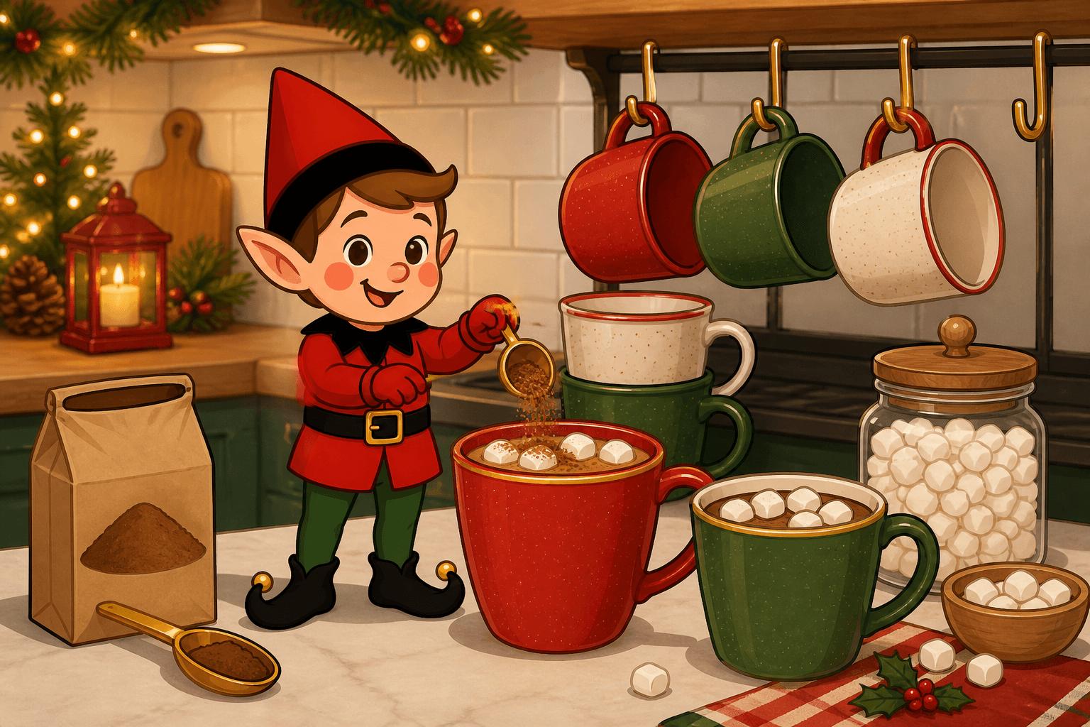 A cartoon holiday elf scene for Hot Cocoa Barista: Mug Station Helper.
