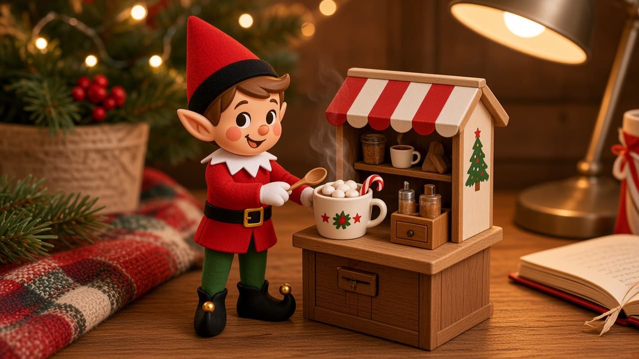 A cartoon holiday elf scene for Hot Cocoa Desk: Desk Cocoa.