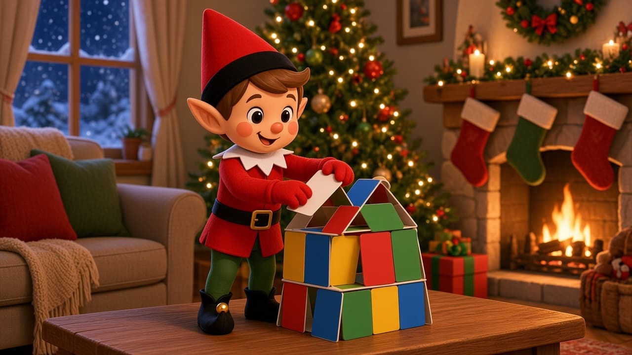 A cartoon holiday elf scene for House of Cards Build: Coffee Table Mansion.
