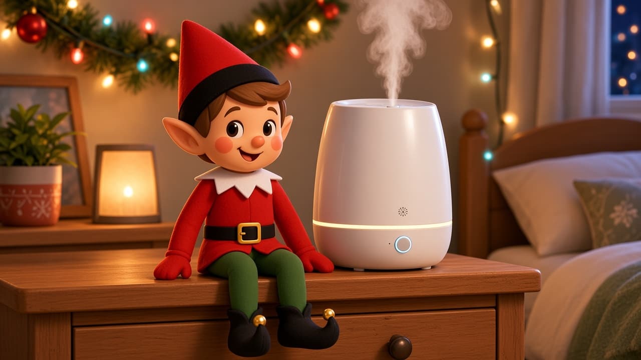 A cartoon holiday elf scene for Humidifier Cloud Shift: Empty-Tank Weather Team.
