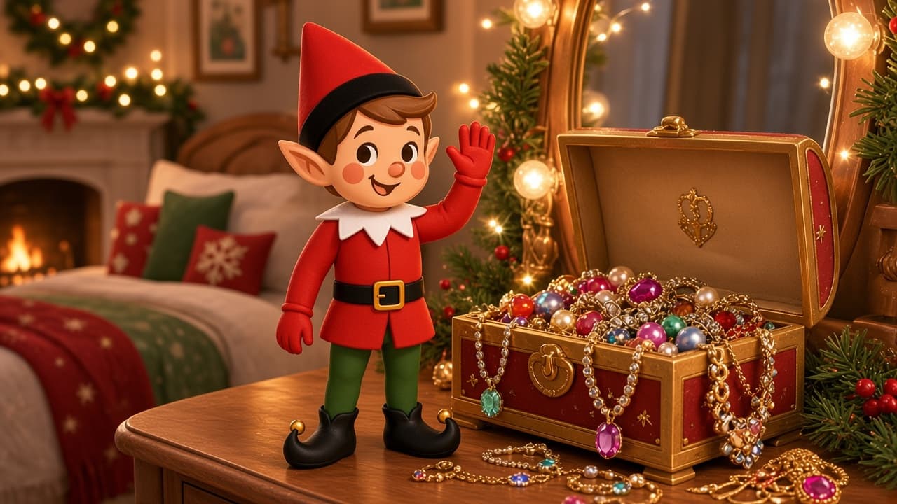 A cartoon holiday elf scene for Jewelry Box Glam: Costume Closet Premiere.