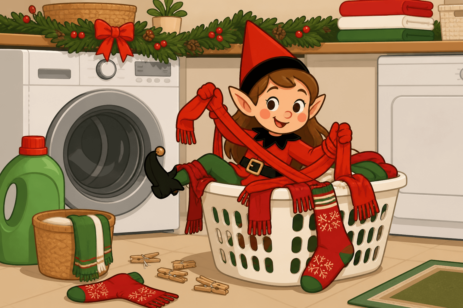 A cartoon holiday elf scene for Laundry Lunacy: Wash Day Woes.