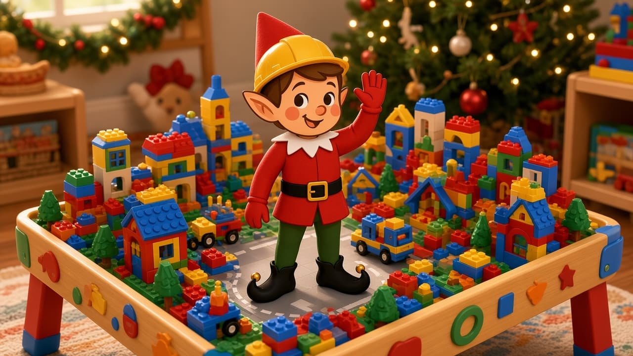 A cartoon holiday elf scene for Lego City Foreman: One-Brick Inspection.