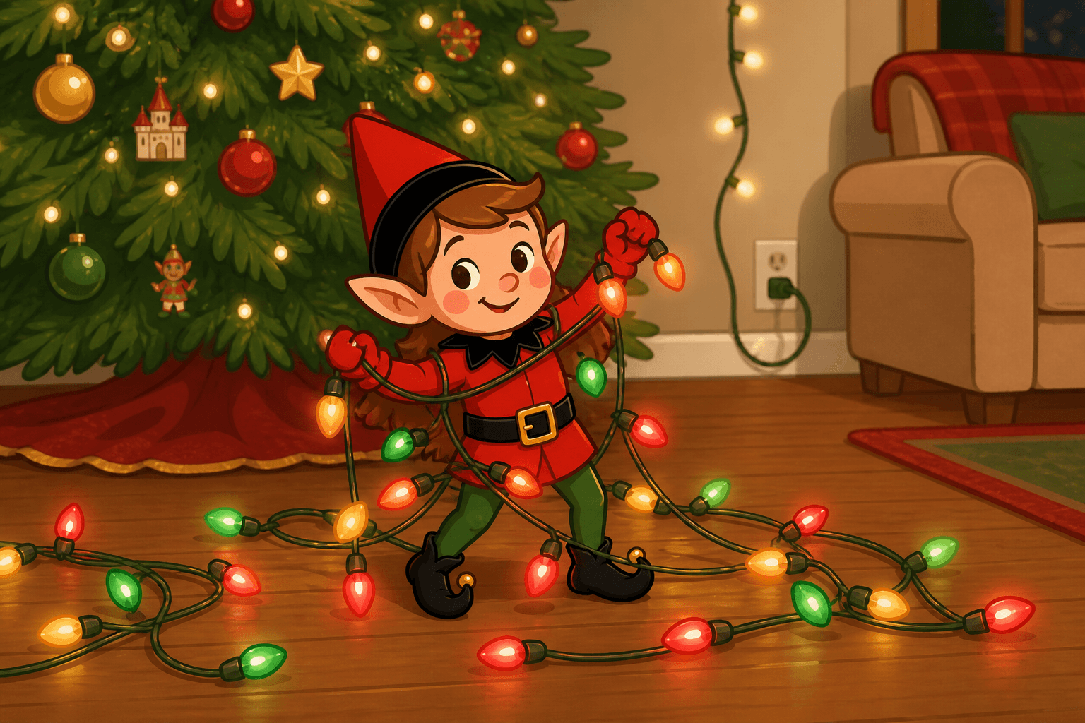 A cartoon holiday elf scene for Light Show Lunacy: Twinkle Trouble.