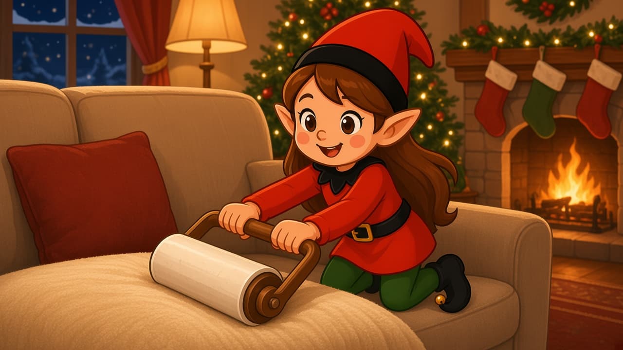 A cartoon holiday elf scene for Lint Roller Steamroller: Couch Patrol.