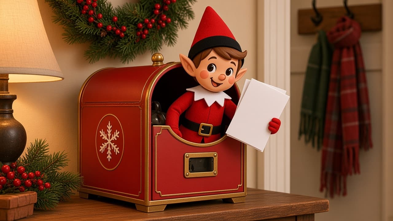 A cartoon holiday elf scene for Mailbox Mission: Letter Delivery.
