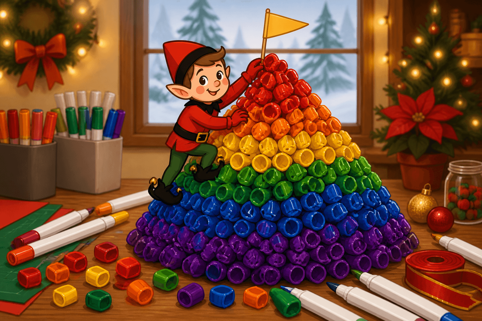 A cartoon holiday elf scene for Marker Cap Mountain: Rainbow Climb.