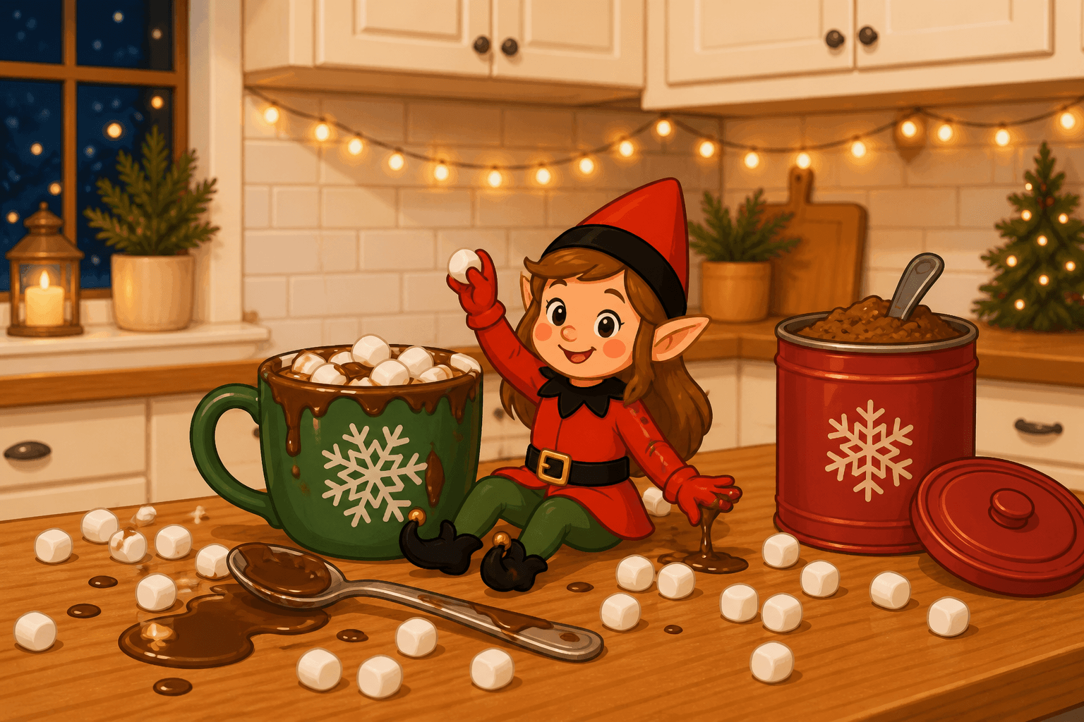 A cartoon holiday elf scene for Marshmallow Mess: Hot Cocoa Chaos.