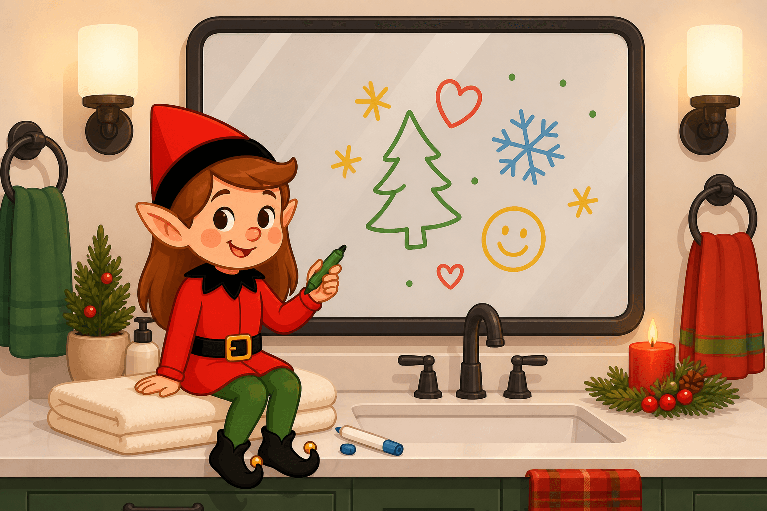 A cartoon holiday elf scene for Mirror Message: Bathroom Pep Talk.