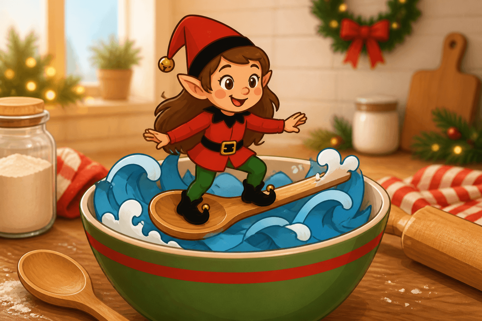 A cartoon holiday elf scene for Mixing Spoon Surfboard: Countertop Wave.
