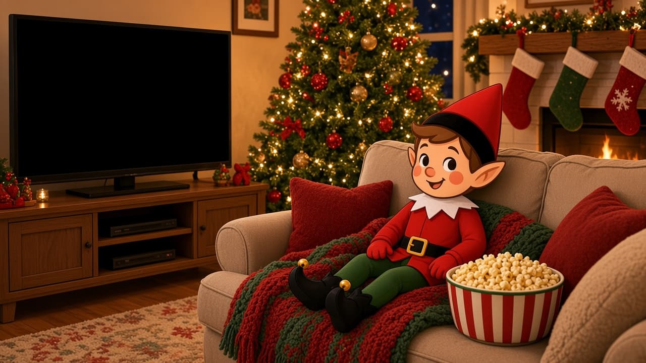 A cartoon holiday elf scene for Movie Night: Cinema Setup.