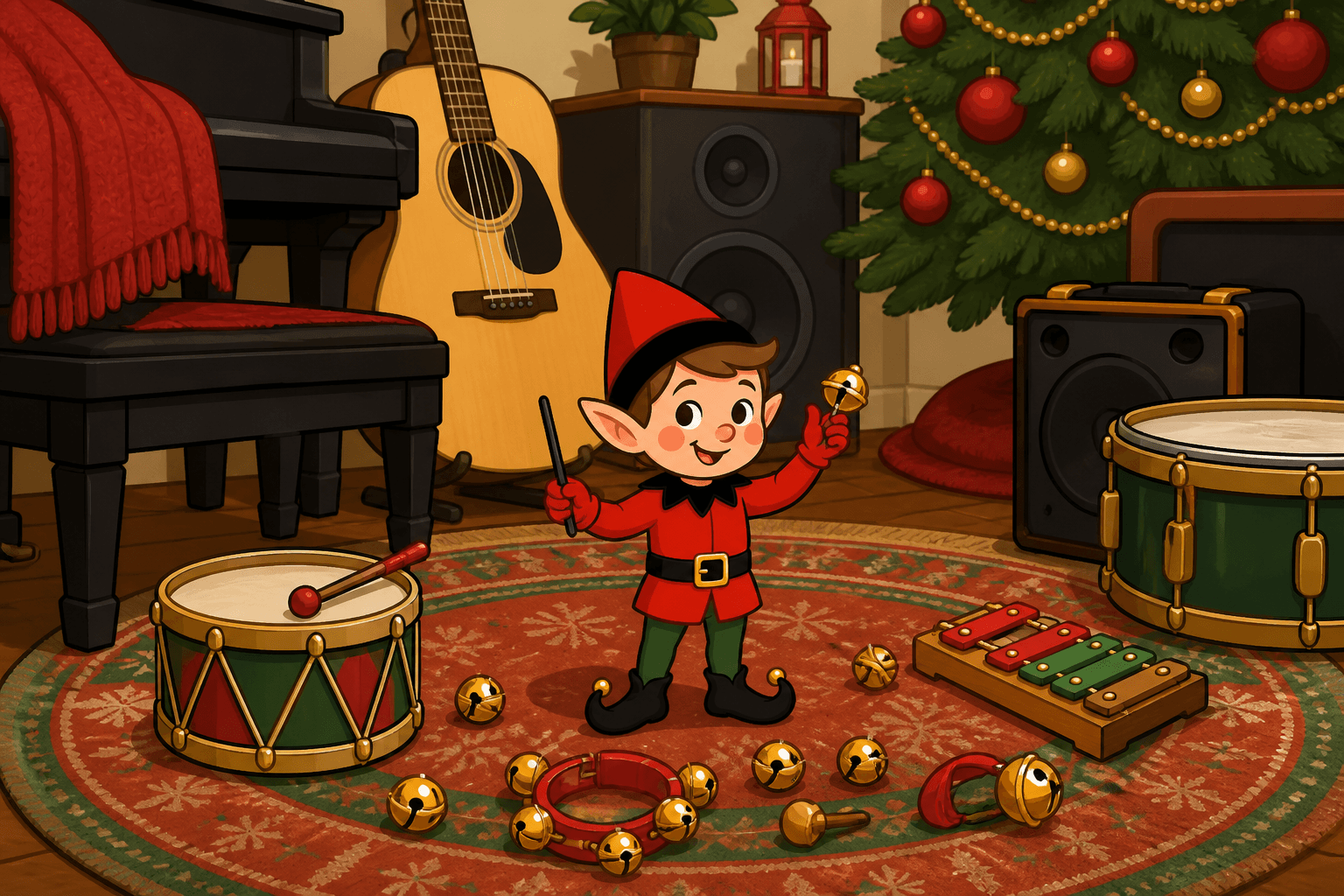 A cartoon holiday elf scene for Music Maker: Jingle Bell Jam.