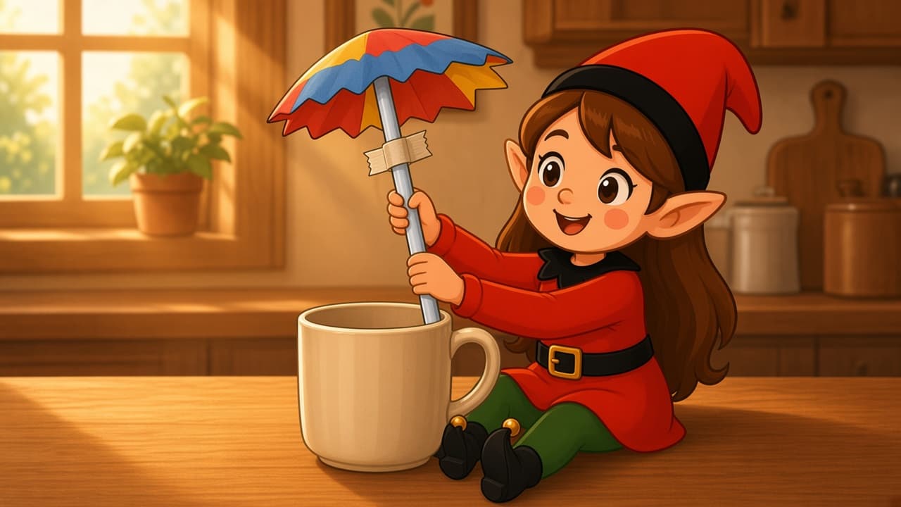 A cartoon holiday elf scene for Napkin Balloon Ride: Counter Takeoff.