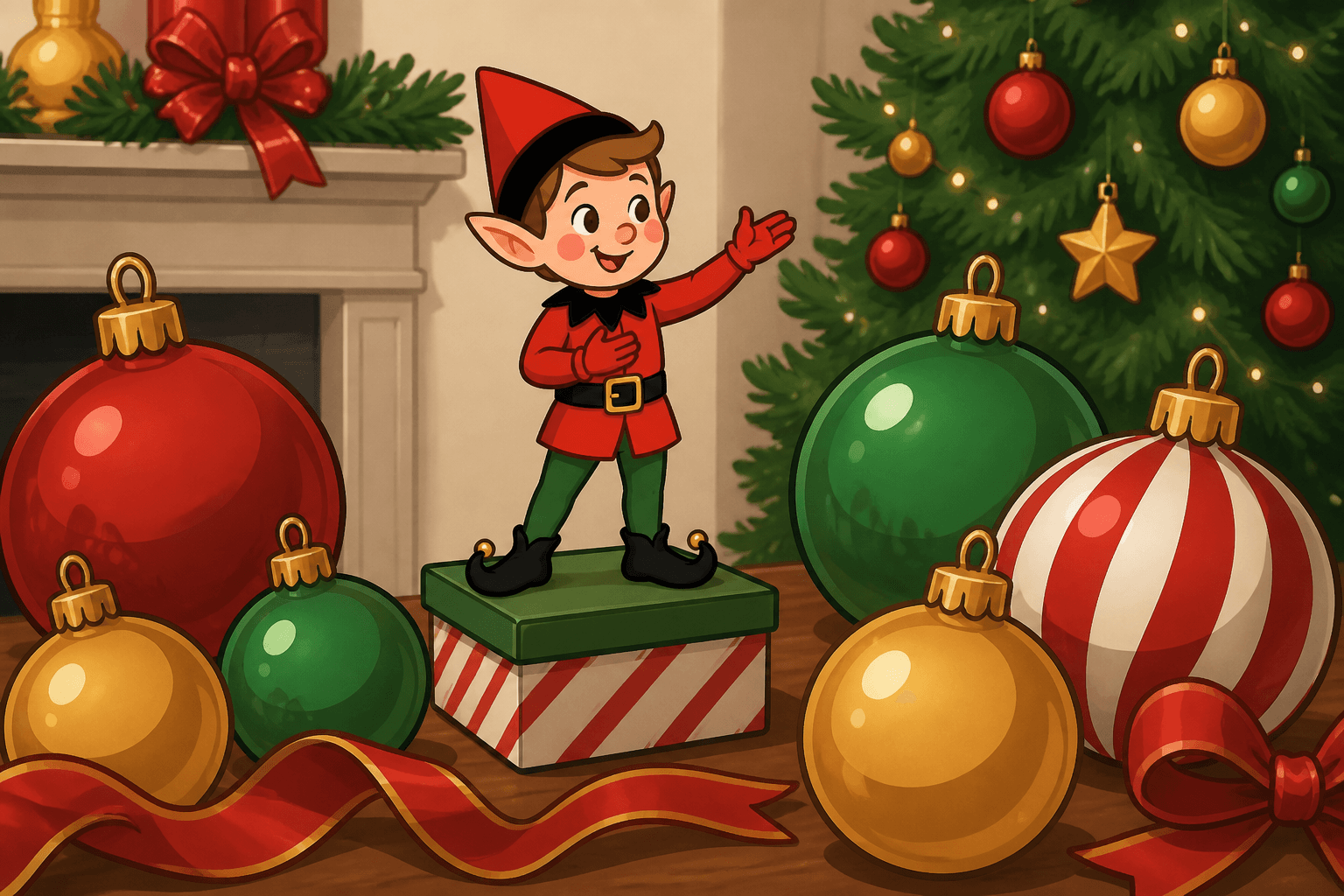 A cartoon holiday elf scene for Ornament Opera: The Ball Drop.