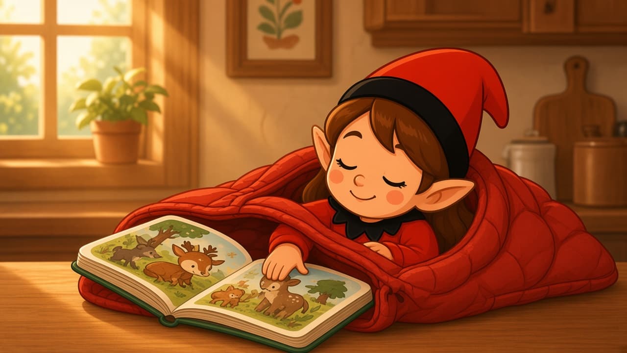 A cartoon holiday elf scene for Oven Mitt Campout: Counter Sleeping Bag.