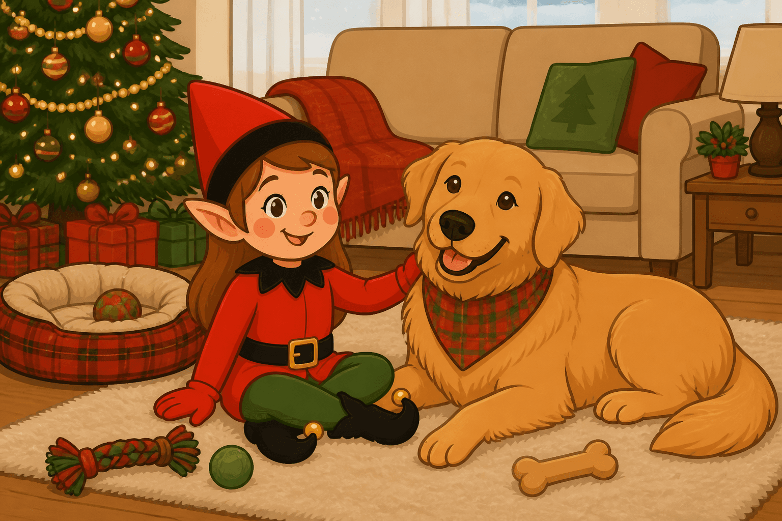A cartoon holiday elf scene for Pet Pal Party: Furry Friend Fun.