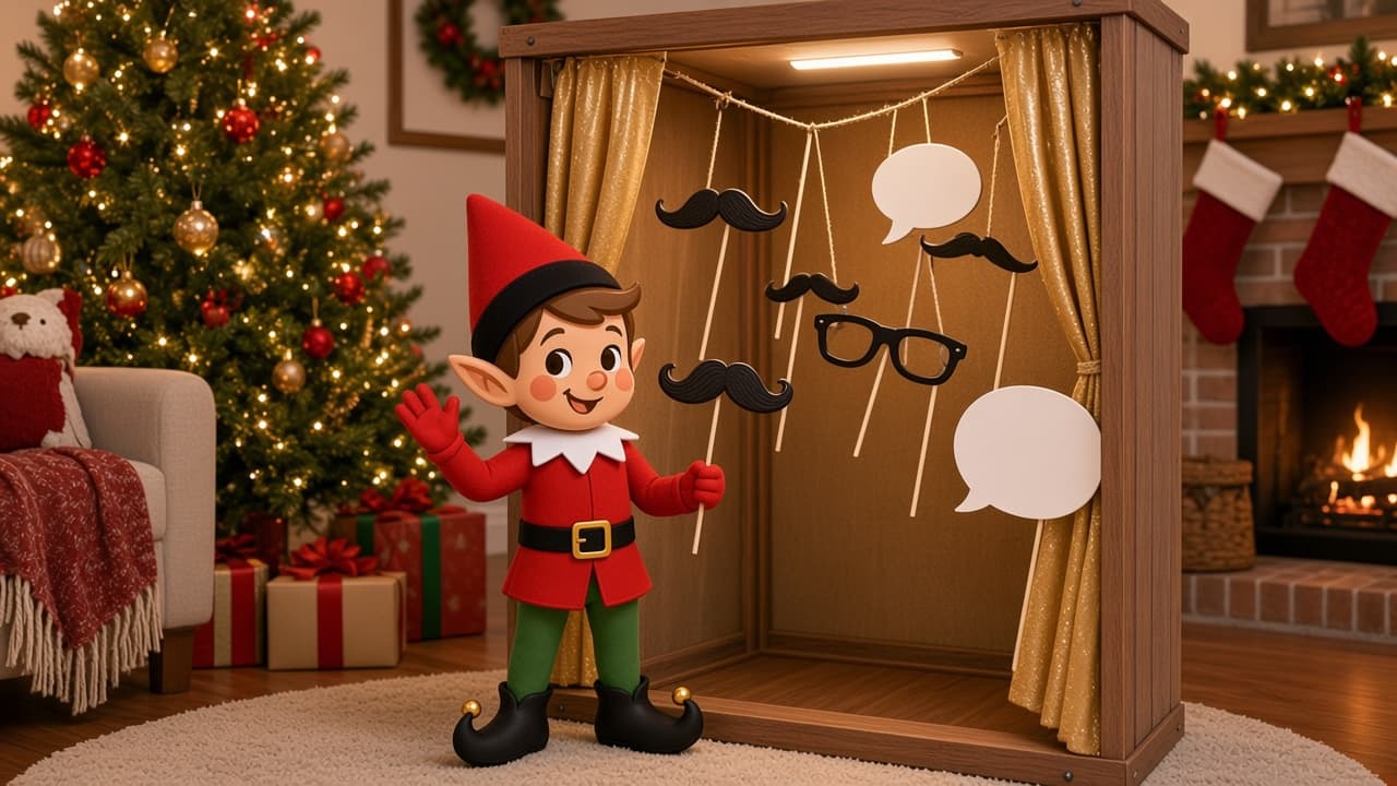 A cartoon holiday elf scene for Photo Booth Fun: Selfie Station.