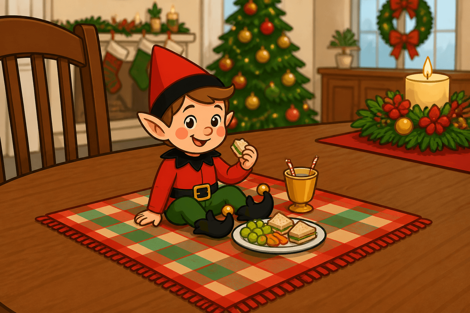 A cartoon holiday elf scene for Placemat Picnic: Dining Room Lunch.