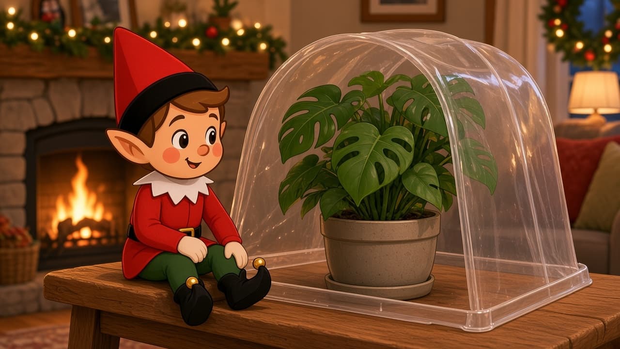 A cartoon holiday elf scene for Plant Humidity Tent: Indoor Greenhouse Shift.