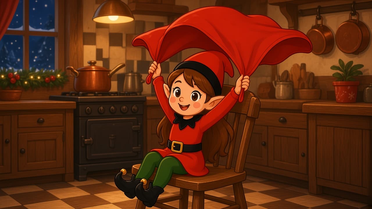 A cartoon holiday elf scene for Potholder Parachute: Chair Drop.