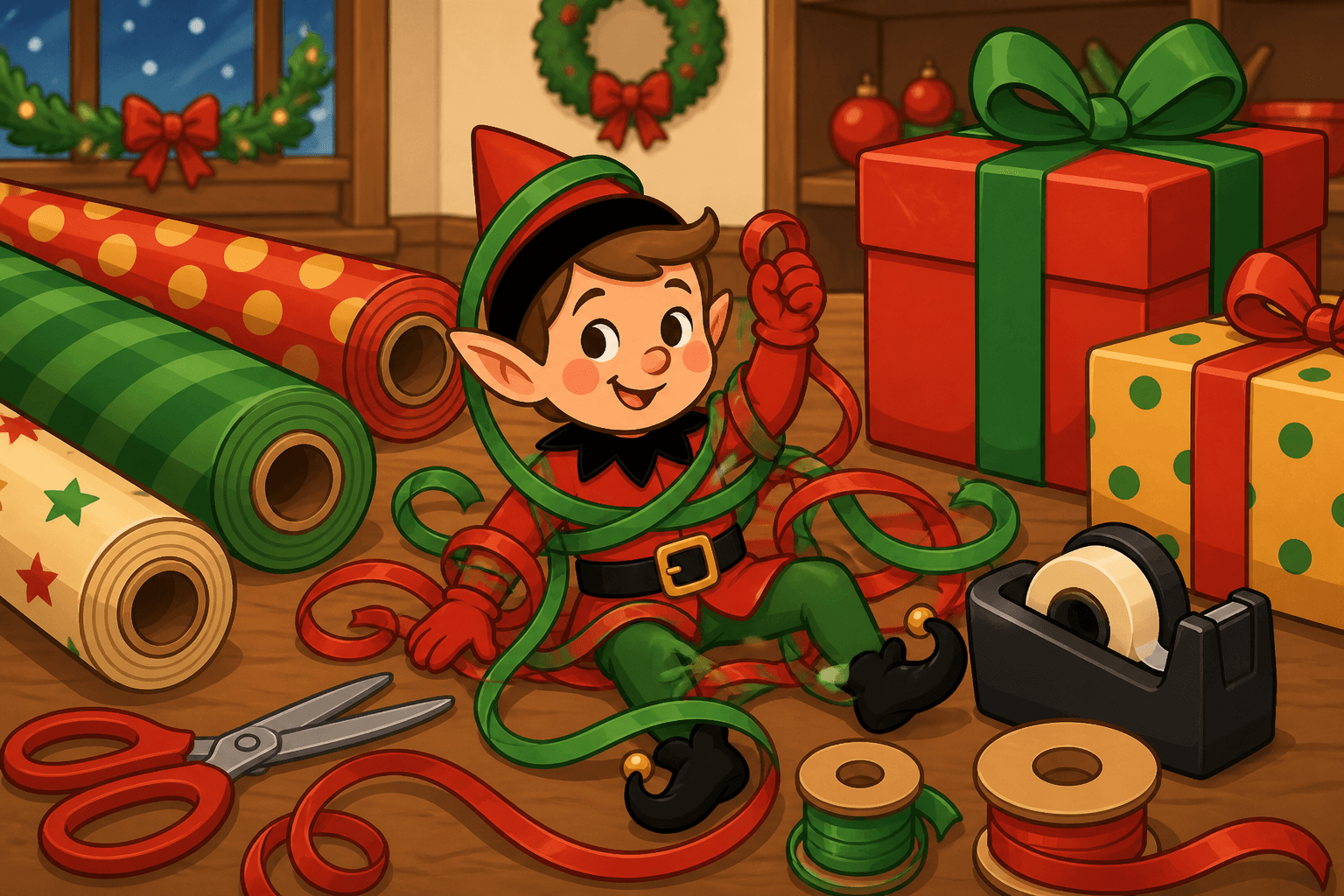 A cartoon holiday elf scene for Present Pandemonium: Wrapping Room Wreck.